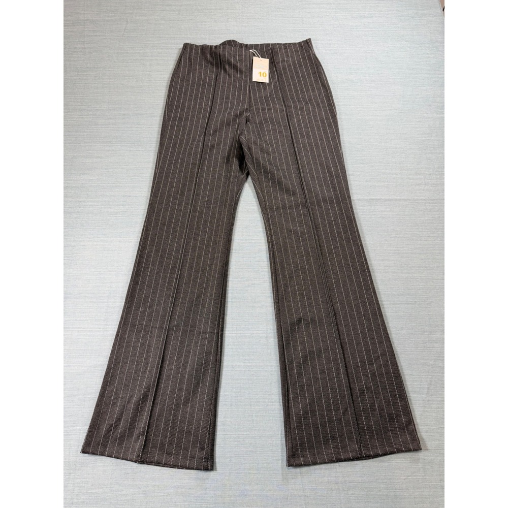 Primark Cares Pinstripe Wide Leg Trousers Grey High Waist Seam Front Size 10 NEW